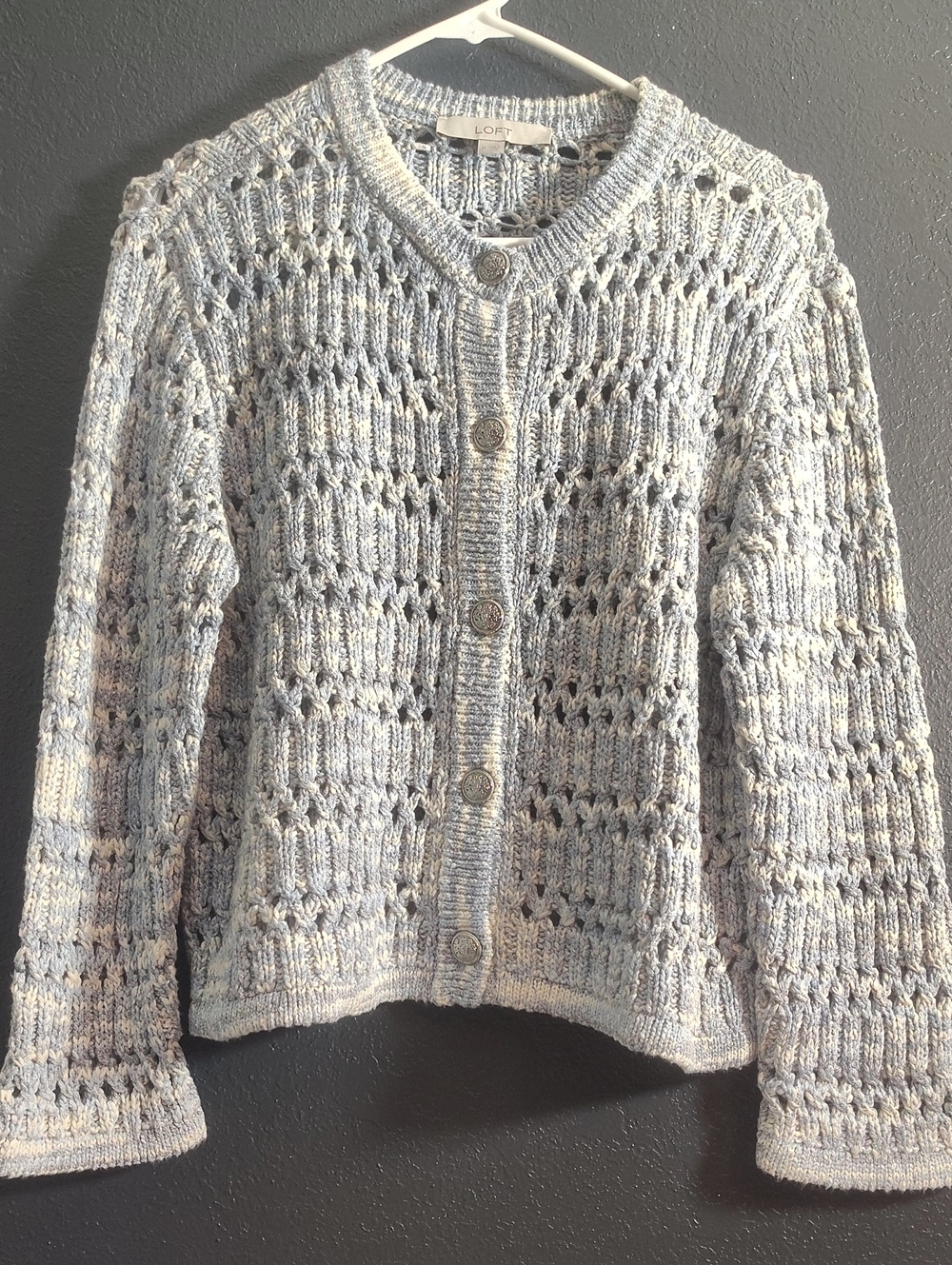 LOFT Pale Blue Open-Knit Button Front Cardigan Size Medium